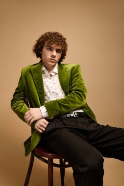 Genç bir çocuk yeşil kadife bir ceketle stüdyoda şık bir anı yakalıyor..