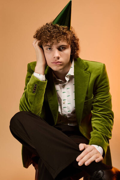 A stylish teenage boy wearing a green velvet blazer sits thoughtfully in a studio.