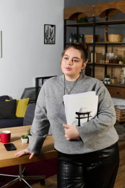 Tarz sahibi, iri yarı bir kadın elinde belgelerle bir masaya yaslanıyor, düşünceli ve kendinden emin görünüyor..