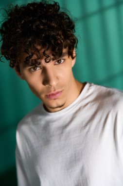A young man with curly hair showcases a fashionable outfit while looking stylish in a studio.