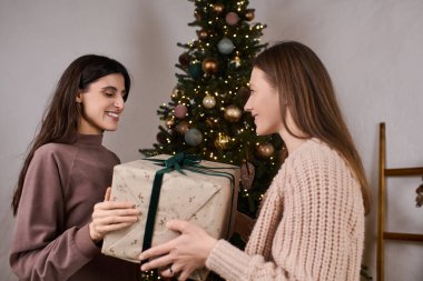 Güzel dekore edilmiş bir kış ağacının altında iki kadın mutlu bir şekilde hediyelerini değiş tokuş ediyor.
