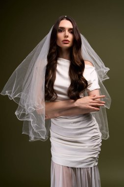 Genç bir gelin baş döndürücü bir duvak içinde güzel görünür. Huzurlu bir ortamda zarafet yayar..