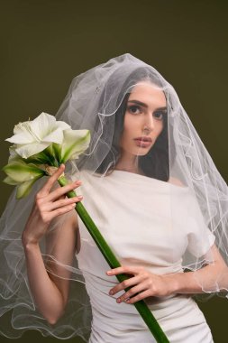 Narin bir duvağı olan güzel gelin nefes kesici bir buket beyaz çiçek tutuyor, neşe saçıyor..