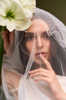 Güzel gelin yumuşak bir ışıkta duruyor, kısmen peçesinin arkasında saklı ve narin bir çiçek.