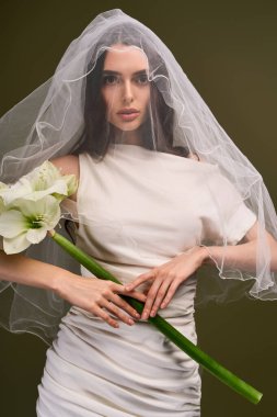 Büyüleyici bir elbise ve peçeyle zarif bir şekilde duran genç bir gelin, elinde büyük bir çiçek tutuyor..