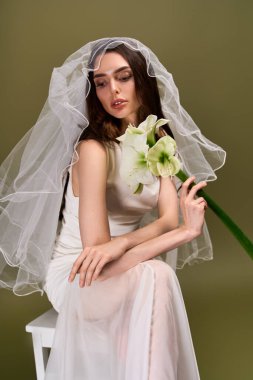 Sevimli genç bir gelin zarif bir buket tutar, neşe saçan bir zarafet.