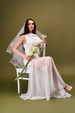 Beyaz elbiseli güzel bir gelin, elinde köpüklü bir bardak ve çiçekle huzur içinde oturur..