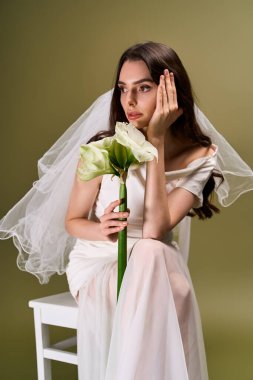 Güzel bir gelin, narin bir çiçeğe sarılmış, düşünceli bir şekilde oturur..