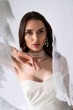 Göz kamaştırıcı bir gelin güzel bir elbiseyle süslenmiş, akıcı bir duvakla çevrili, güzellik ve neşe saçıyor..