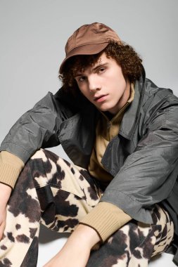 Kendine güvenen genç, modaya uygun giyinerek stüdyoda yaratıcı bir şekilde poz veriyor..