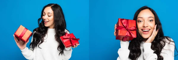 Collage einer glücklichen Frau im Pullover beim Betrachten einer Weihnachtsgeschenkschachtel isoliert auf blau — Stockfoto