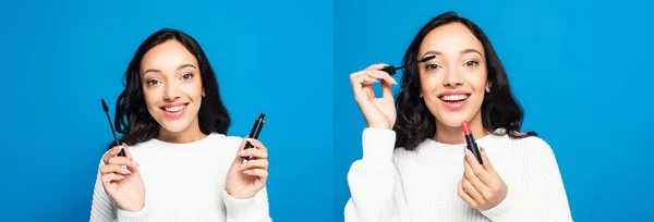 Collage of happy brunette woman holding lipstick and mascara isolated on blue — Stock Photo