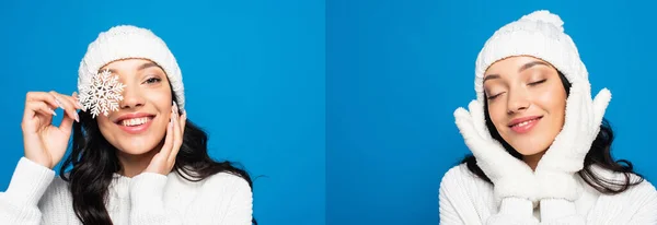 Colagem de mulher feliz em chapéu de malha segurando floco de neve decorativo isolado em azul — Fotografia de Stock
