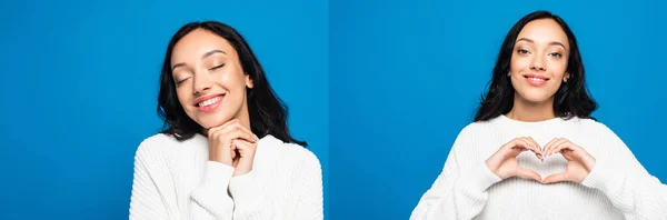 Collage of cheerful woman in sweater with closed eyes showing heart sign isolated on blue — Stock Photo