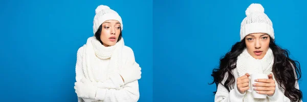 Collage of young woman in knitted hat and gloves holding cup and freezing isolated on white — Stock Photo