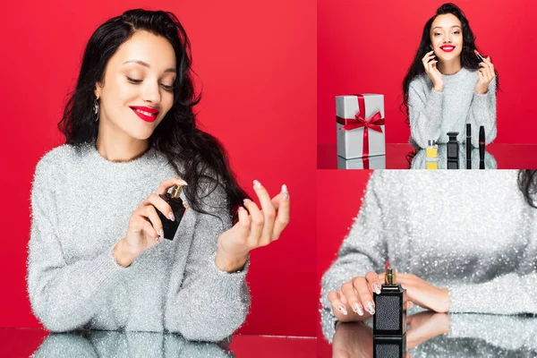 Collage of smiling woman in sweater holding lipstick near decorative cosmetics and wrapped present isolated on red — Stock Photo