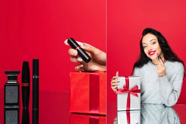 Collage of woman taking lipstick from gift box near decorative cosmetics on red — Stock Photo