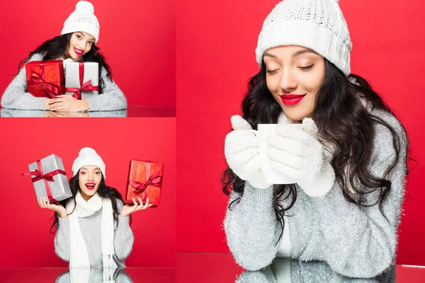 Колаж радісної жінки в капелюсі і теплий шарф, що тримає чашку і різдвяні подарунки ізольовані на червоному — стокове фото