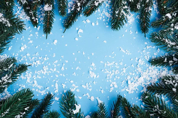 Flat lay with pine branches and artificial snow on blue background, new year concept — Stock Photo