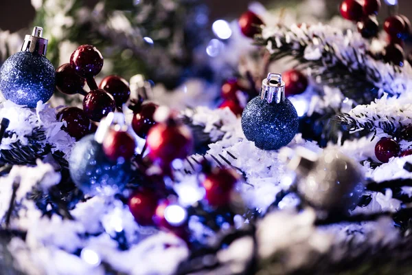 Close up view of christmas balls on blurred background, new year concept — Stock Photo