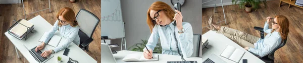 Collage de mujer de negocios con las piernas cruzadas mirando hacia otro lado, escribiendo en el ordenador portátil y hablando en el teléfono móvil en la oficina, bandera - foto de stock