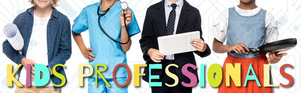 Multicultural kids in costumes of different professions near kids professionals lettering on white, banner — Stock Photo