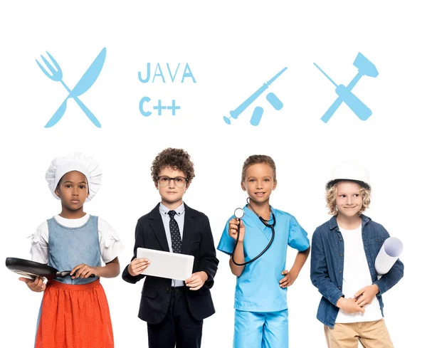 Multicultural children in costumes of different professions near illustration on white — Stock Photo