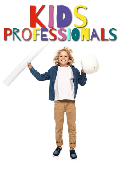 Curly boy in costume of architect holding safety helmet and blueprint while jumping near kids professionals lettering on white — Stock Photo