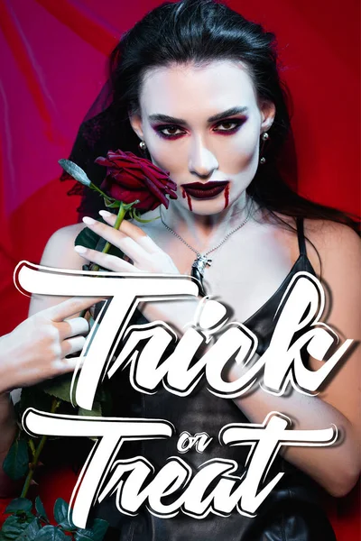 Pale and brunette woman with blood on face holding rose near trick or treat lettering on red — Stock Photo