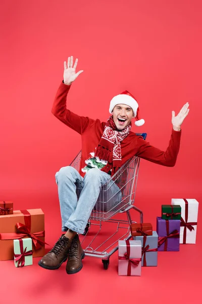 Cheerful man in sweater and santa hat sitting in shopping cart near presents on red background — Stock Photo