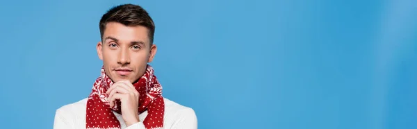 Young man in scarf looking at camera isolated on blue, banner — Stock Photo