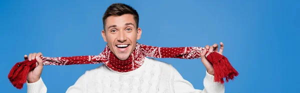 Hombre alegre en suéter sosteniendo bufanda mientras mira la cámara aislada en azul, pancarta — Stock Photo