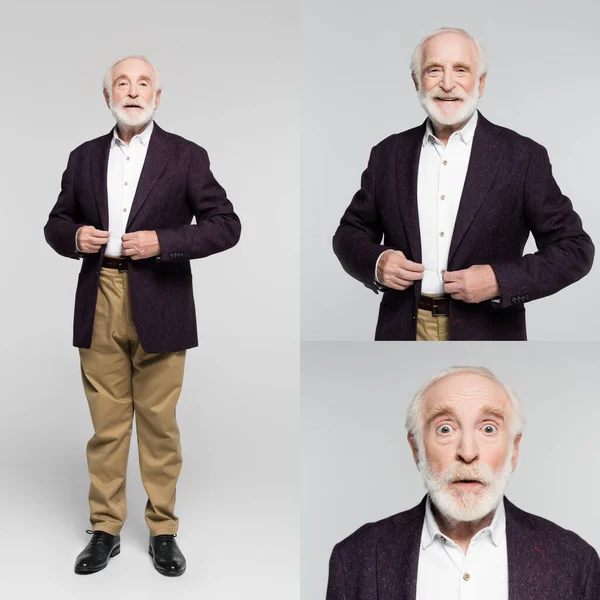 Collage of smiling and excited elderly man touching jacket on grey background — Stock Photo