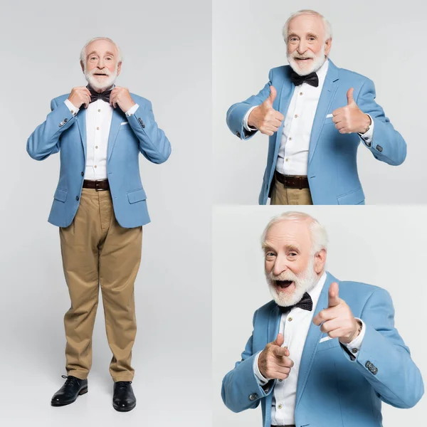 Collage de hombre mayor sonriente en chaqueta y pajarita mostrando como sobre fondo gris - foto de stock