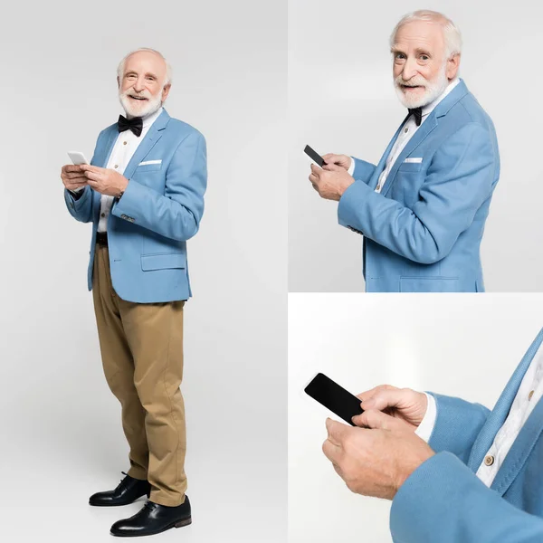 Collage de vieil homme souriant en veste et noeud papillon tenant smartphone sur fond gris — Photo de stock