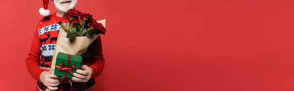 Cropped view of smiling elderly man in santa hat holding roses and present isolated on red, banner — Stock Photo