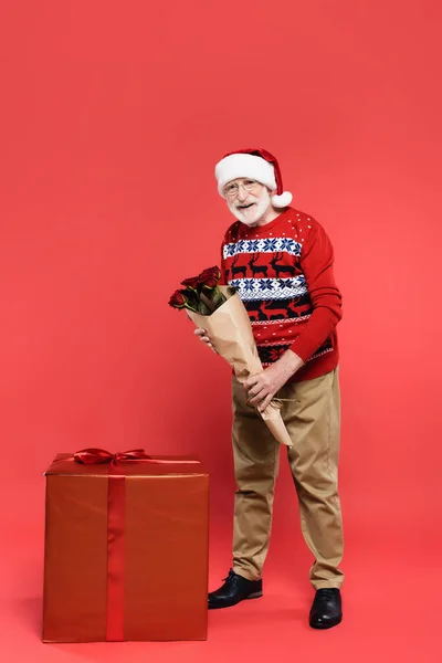 Uomo anziano sorridente in cappello di Babbo Natale che tiene mazzo di rose vicino regalo su sfondo rosso — Foto stock