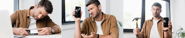 Колаж людини, що тримає розбитий смартфон і молоток, дивиться на пошкоджений сенсорний екран і кладе батарею в мобільний телефон, банер — стокове фото