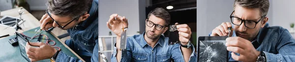 Collage of repairman with screwdriver fixing smashed digital tablet and holding disassembled parts of smartphone, banner — Stock Photo