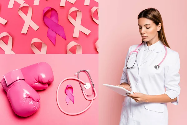 Collage of doctor using digital tablet and pink ribbons with boxing gloves on pink background — Stock Photo