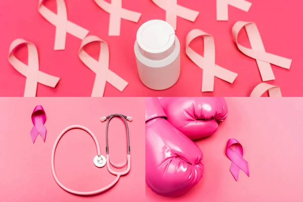 Collage de frasco con pastillas, cintas de color rosa de la conciencia de cáncer de mama y estetoscopio sobre fondo rosa - foto de stock