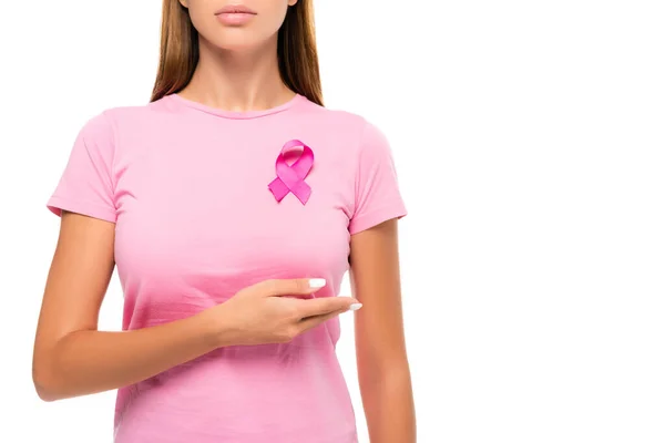 Cropped view of woman with ribbon of breast cancer awareness pointing with hand isolated on white — Stock Photo