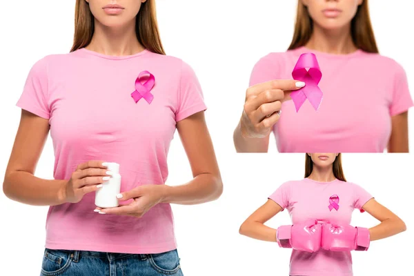 Collage di giovane donna con segno di consapevolezza del cancro al seno, pillole e guanti da boxe isolati su bianco — Foto stock