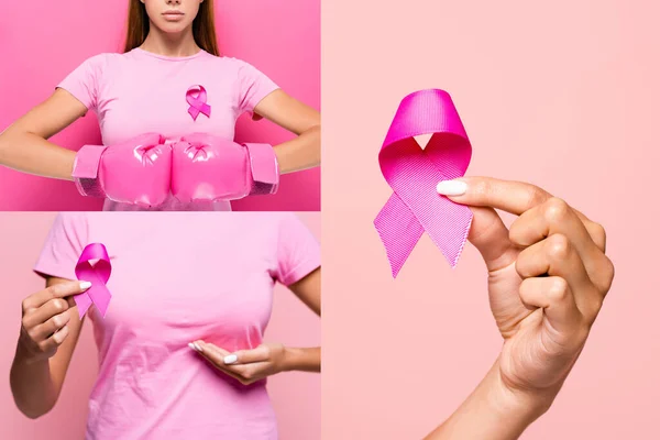 Colagem de jovem segurando fita de consciência de câncer de mama e luvas de boxe em fundo rosa — Fotografia de Stock