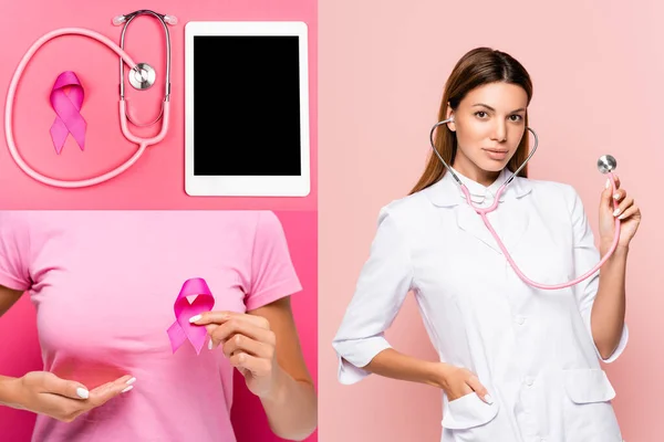 Collage de femme tenant un ruban de sensibilisation au cancer du sein, comprimé numérique et médecin tenant un stéthoscope sur fond rose — Photo de stock