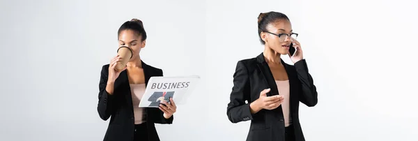 Collage of african american businesswoman with business newspaper and coffee to go and talking on smartphone isolated on grey, banner — Stock Photo