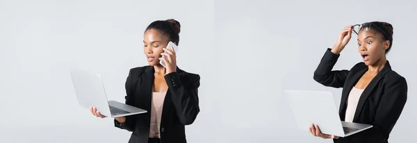 Colagem de mulher de negócios afro-americana com óculos falando no smartphone e segurando laptop isolado em cinza, banner — Fotografia de Stock