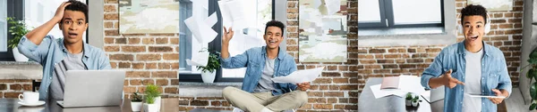 Collage of african american man in wireless headphones pointing with finger at digital tablet, throwing papers in air and touching hair — Stock Photo