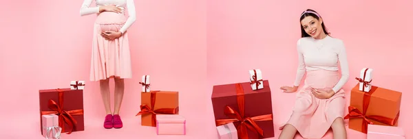 Колаж молодої красивої вагітної жінки з подарунками ізольовано на рожевому, банер — стокове фото
