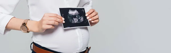 Vista recortada de la joven empresaria embarazada sosteniendo ultrasonido escaneado aislado en gris, pancarta - foto de stock